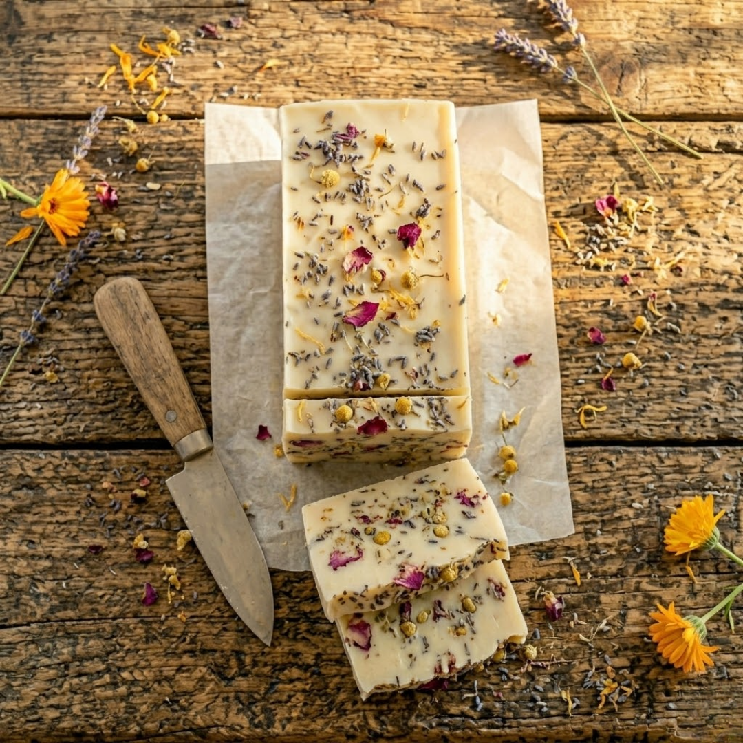 Overhead view of cut botanical soap loaf on parchment paper with a cutting knife