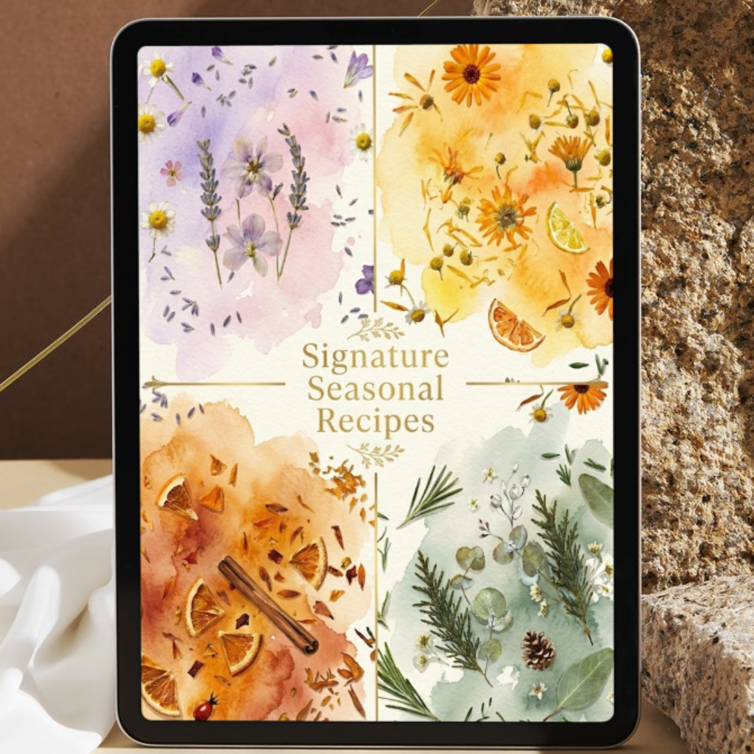 Tablet showing Signature Seasonal Recipes with four watercolor seasonal panels
