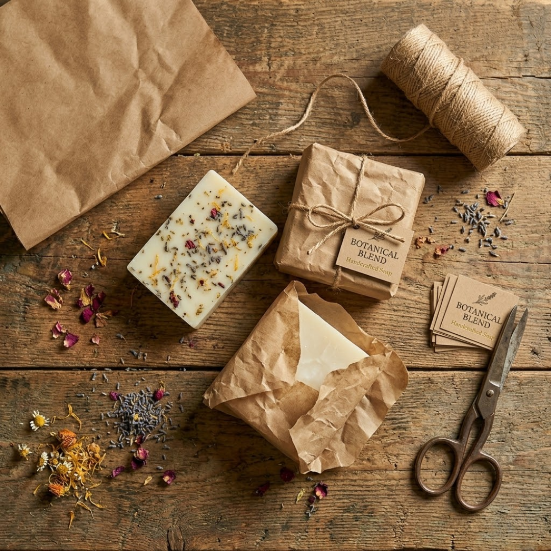 Flat-lay of wrapped botanical soaps with kraft paper, twine, scissors, and handmade labels