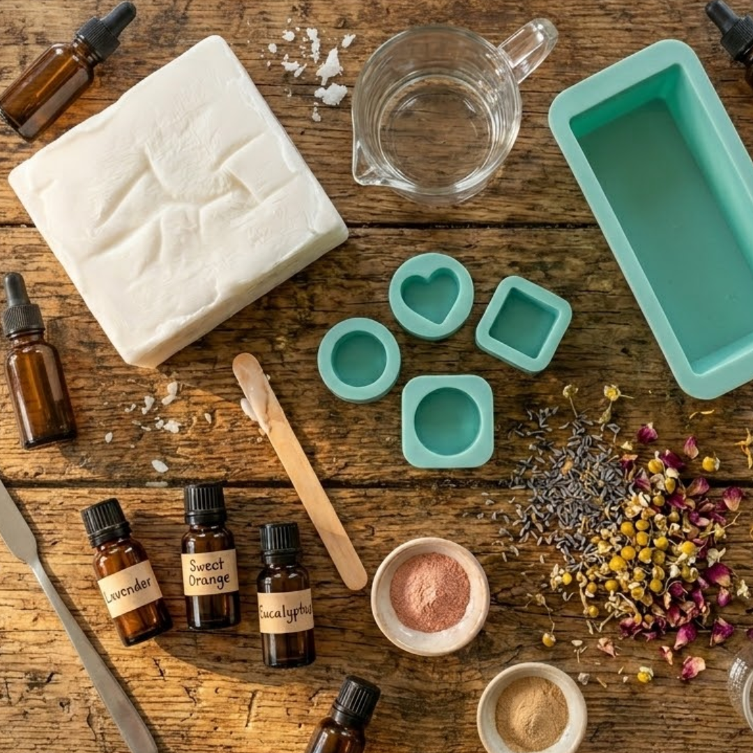 Flat-lay of soap supplies: melt-and-pour base, silicone molds, essential oils, dried botanicals