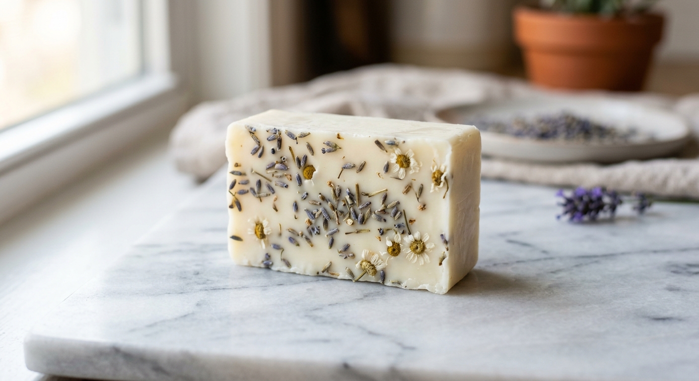 Botanical soap bar with dried lavender buds and white chamomile flowers