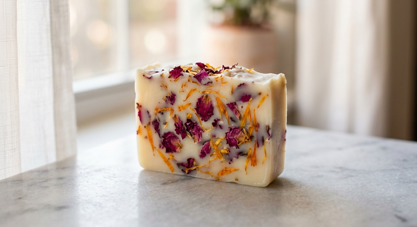 Botanical soap bar with deep pink rose petals and orange calendula