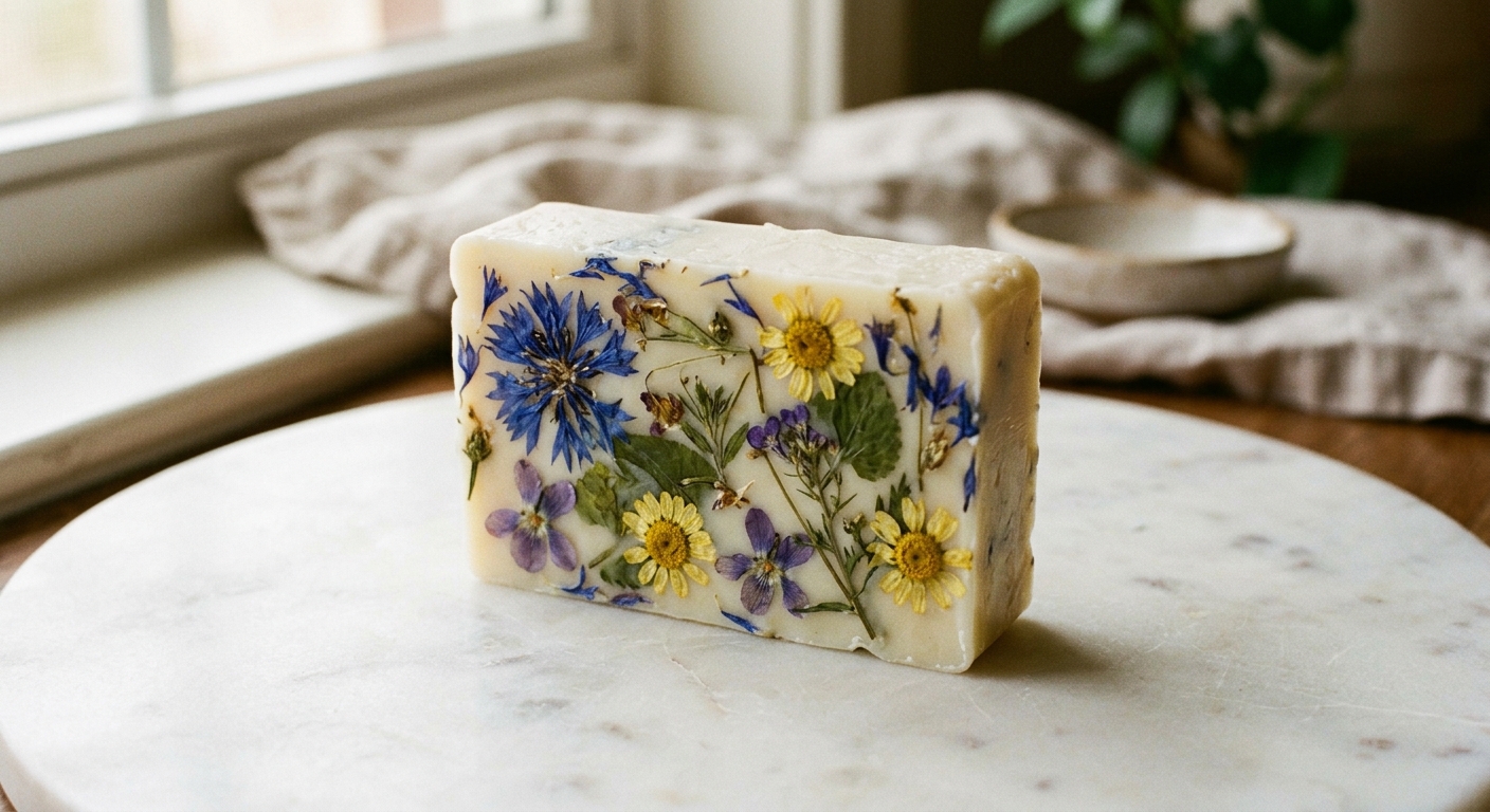 Botanical soap bar with blue cornflowers, yellow daisies, and purple violets